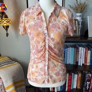 Skönhet Floral Mesh Top Ruched Y2K 70s Retro Sheer Button‎ Blouse